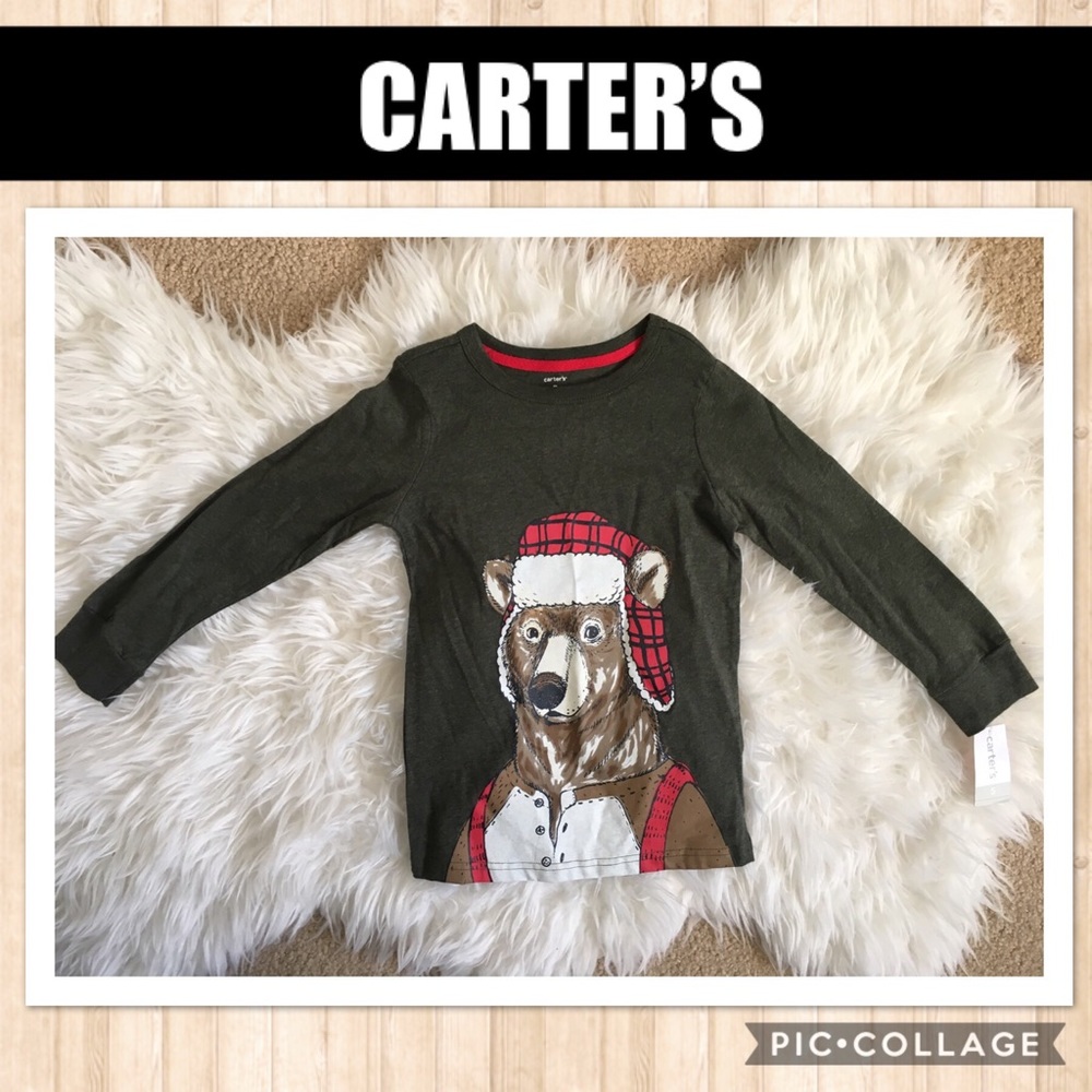 NWT Carter’s Olive LS Graphic Bear Shirt Sz 5